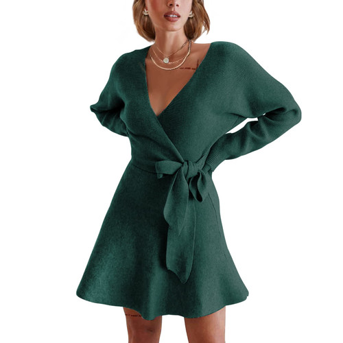 EXLURA Women's V Neck Ribbed Knit Mini Sweater Dress Long Sleeve Wrap Dresses with Belt Dark Green