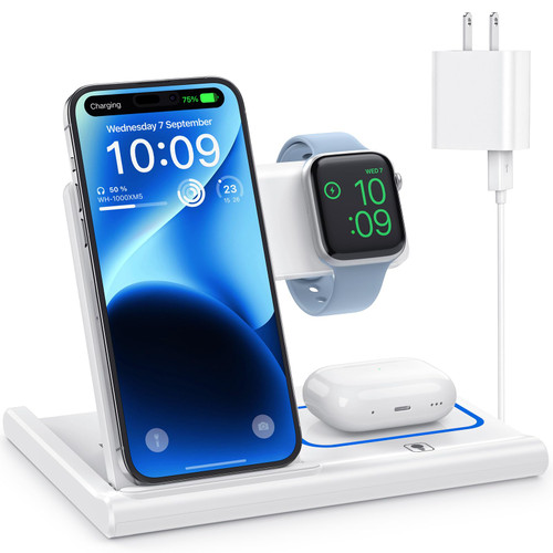 Wireless Charger, 3 in 1 Wireless Charging Station for Multiple Devices,Wireless Charging Stand for iPhone15 14 13 12 11 Series, AirPods Pro 3 2 & Apple Watch (Adapter Included) - White