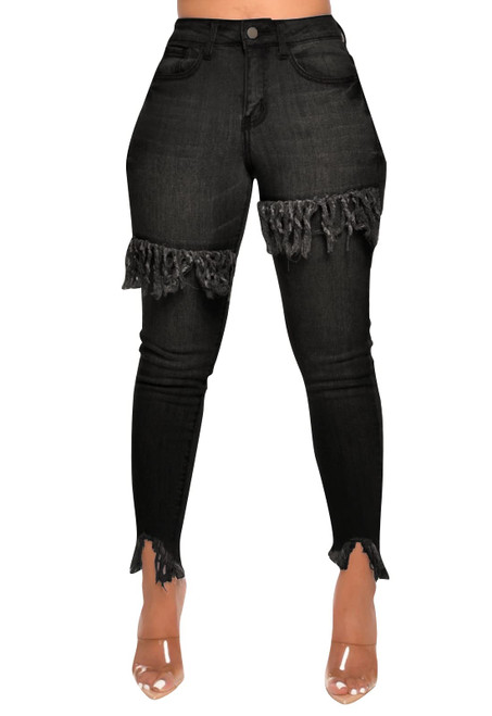 FairBeauty Women's Skinny Stretch Jeans Frayed Raw Hem Slim Fit Jeans Ripped Denim Pants A-Black