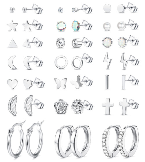 FASACCO 21Pairs Stainless Steel Earrings Silver Hoop Stud Earrings Sets for Multiple Piercing Small Tiny Stud Earrings Small Huggie Hoop Earrings