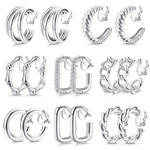 FASACCO Clip On Earrings for Women Fashion Clip on Hoop Earrings Twist Round Geometric Chunky Hoop Clip Earrings No Piercing Fake Earrings, Silver FASACCO Clip On Earrings for Women Fashion Clip on Hoop Earrings Twist Round Geometric Chunky Hoop Clip Earrings No Piercing Fake Earrings, Silver