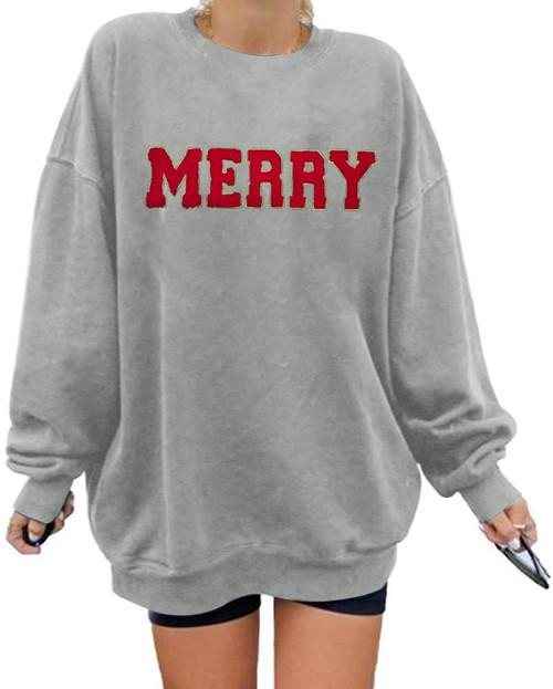 FASHGL Merry Sweatshirt Women Christmas Glitter Patch Merry Shirt Merry Letter Print Long Sleeve Overzise Pullover Tops Light Grey