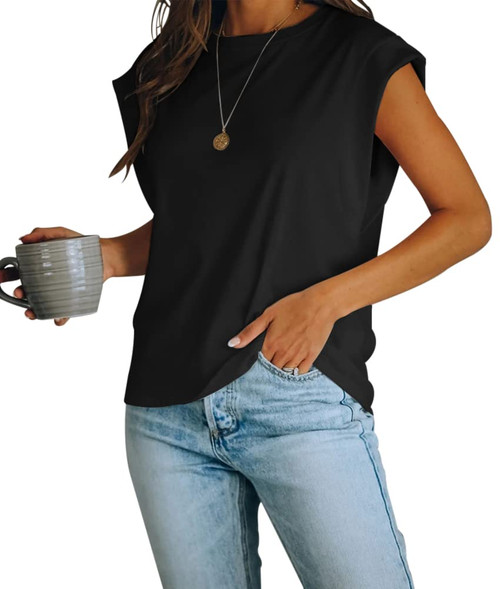 Women's Cap Sleeve Tank Top Crew Neck T Shirts Loose Fit Basic Summer Casual Tee Tops Black