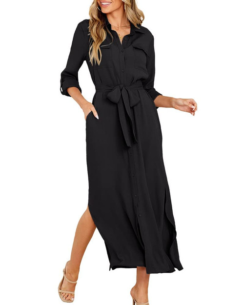 Fekermia Button Dress for Women Solid Color Rolled-Up Sleeve Dress Self Tie Slit Shirts Maxi Dresses Black Small