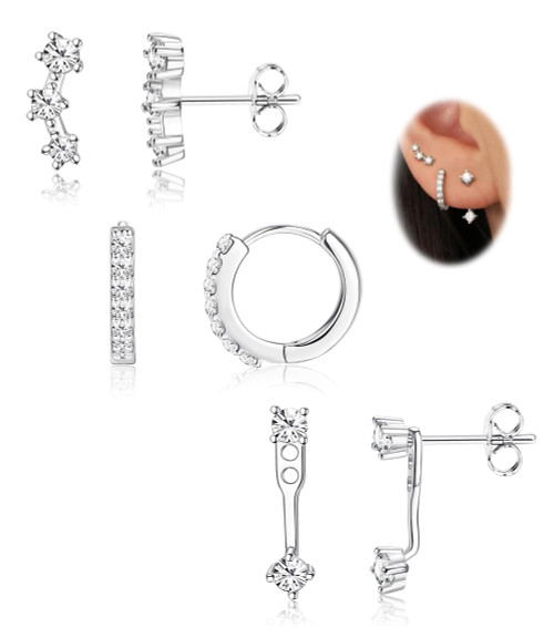FIASASO 3 Pairs Sterling Silver Stud Hoop Earrings Set for Women Teen 925 Sterling Silver Cartilage Earrings Stud Earring Huggie Earrings Set