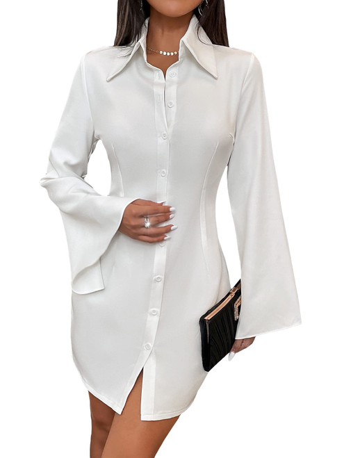 Floerns Women's Solid Long Split Sleeve Button Down Tunic Shirt Dress White L