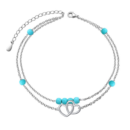 FLYOW Double Heart Anklets for Women S925 Sterling Silver Foot Beaded Created Turquoise Layered Ankle Bracelet Boho Anklets Beach Jewelry