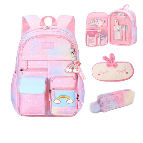 FMCEUEX Kawaii Backpack For Boy Girls, Rainbow Starry School Backpacks With Compartments Applicable to Laptop Bag Travel Bag Book Bag, Pink Medium 16.5in
