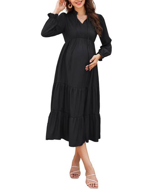 FUNJULY Maternity Dress Womens Fall Long Sleeve Tie Crew Neck Maxi Dress Casual Tiered Ruffle Flowy Long Dresses Baby Shower Black L