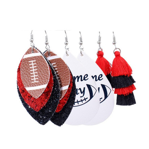 3 Pairs Colorful Layered Football Tassel Leather Dangle Earrings Set Glitter Football Sports Lover Earrings for Women Girls Jewelry(B)