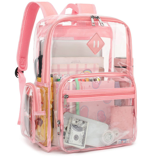 Fuyicat Heavy Duty Clear Backpack for Girls Boys Women Men, PVC Transparent School Backpacks See Through College Bookbag (Pink)