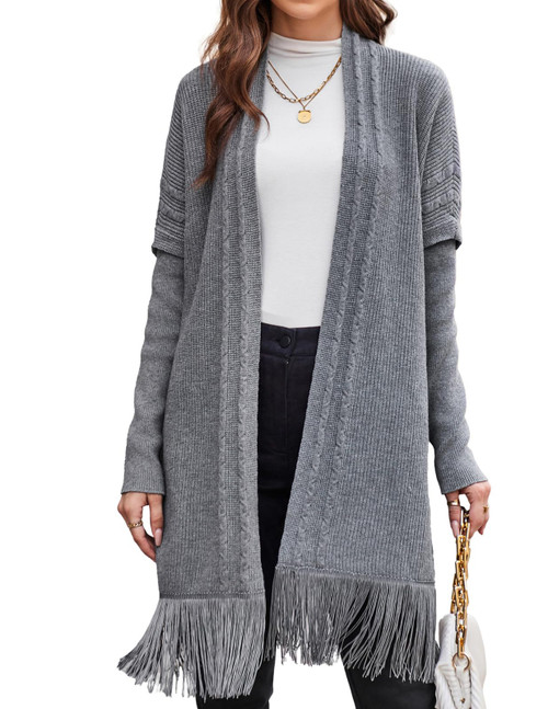 GRACE KARIN Women's Open Front Cardigans Fall Sweater Cardigan with Tassel, L Grey, CL2499