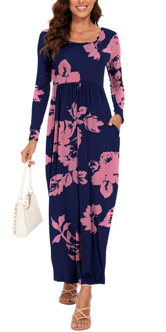 HAOMEILI Women's Casual Loose Long Dress Long Sleeve Floral Print Maxi Dresses with Pockets XL Pink FL Navy HAOMEILI Women's Casual Loose Long Dress Long Sleeve Floral Print Maxi Dresses with Pockets XL Pink FL Navy