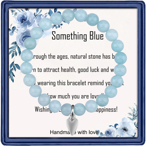 Something Blue Bracelet Bridal Shower Gift for Bride to Be Natural Stone Bead Bracelet for Bride on Wedding Gifts for Bride from Mother Mom Grandmother Best Friend Sister (Heart)