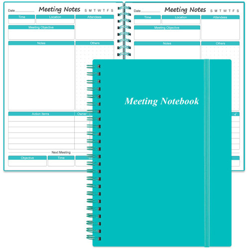 Meeting Notebook for Work with Action Items - A5 Spiral Project Planner Notebook for Note Taking, Office/ Business Meeting Notes Agenda Organizer for Men & Women, 80Sheets / 160 Pages, 5.8" x 8.3", Teal