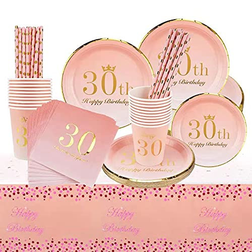 30th Birthday Decorations Party Supplies Set - Disposable Tableware Includes Plates, Cups, Napkins, Straws, Tablecloth for Her 30 Birthday Party - Serves 24