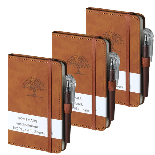 HOMEMARS Small Notebook, Pocket Notebook, 3 Pack with Pen, A6 Notebook, Small Notebooks 3.7" x 5.7"Leather, Brown, 192 Pages Each, Hardcover, Mini Journal Notepad, Embossing Tree Design, Lined Paper