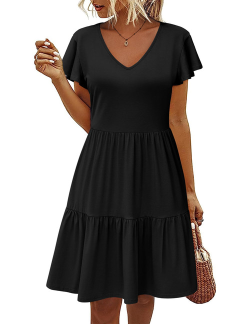 HOTOUCH Casual Dresses for Women Ruffled Hem Short Sleeve A-Line Dress High Waist Solid Mini Dress Party Dress Casual Swing Dresses with Pockets Black Medium