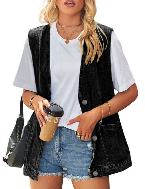 Huaqiao Women's Denim Jean Vest Oversized Sleeveless Button Down Denim Waistcoat Shacket Jacket(1Black-M)