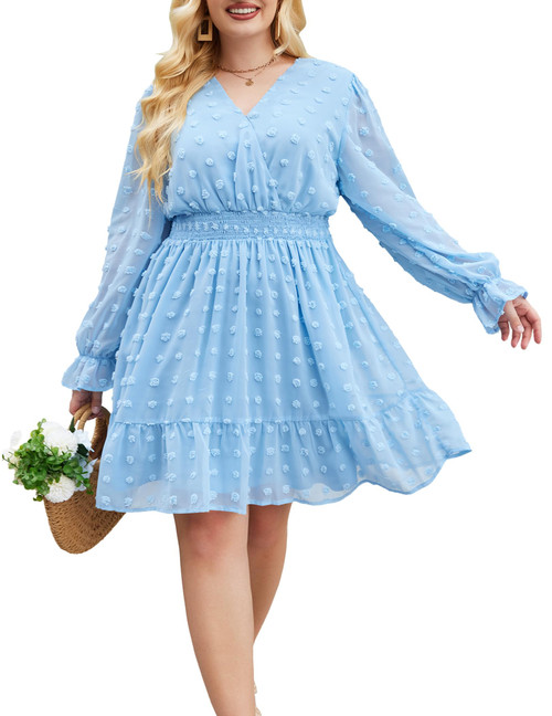 IN'VOLAND Women Plus Size Swiss Dot Long Sleeve Dress V Neck Smocked Dress Flowy Casual Swiss Dot Ruffle Mini Babydoll Dresses Light Blue