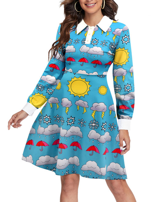 JECEIKA Women Miss Frizzle Weather Print Inspired Science Teacher Costume Cosplay Magic School Bus Halloween Dress Light Blue S
