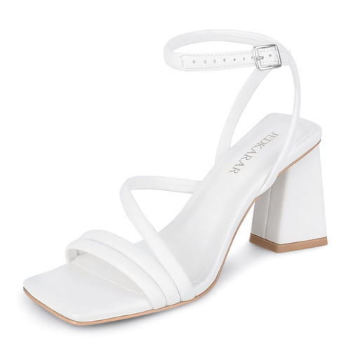 JEDKARAR White Heels for Women Ankle Strap Chunky Heels White Chunky Heels for Women Block Chunky Heels Strappy Heels Open Toe Chunky Heel Sandals for Women Sandals Womens Heeled Sandals