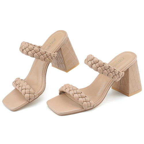 JENN ARDOR Women's Heeled Sandals Chunky Heel Square Toe Strappy Braided Sandals for Women Mules Heels Comfortable Slide Dress Sandals
