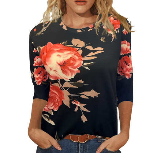 Womens Summer Tops 3/4 Sleeve Shirts Round Neck Loose Casual Blouses Floral Print Tshirts