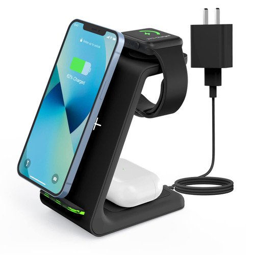 Wireless Charging Station, JoyGeek Wireless Charger Stand, 3 in 1 Charging Station for Apple iPhone 14/13/12/11/SE/X/8 Series, Apple Watch Ultra/8/SE/7/6/5/4/3 - Ink Black