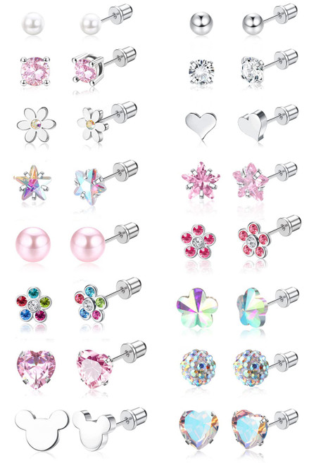 Jstyle 16 Pairs Screw Back Earrings Stud for Women Surgiacl Steel 20G Tiny Cartilage CZ Heart Flower Star Ball Screwback Flat Back Stud Earrings Set Multicolored