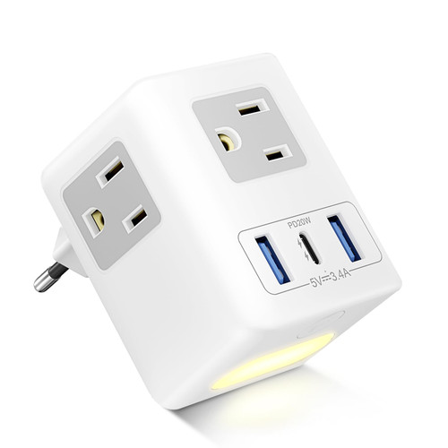 20W USB C European Travel Plug Adapter with Night Light, US to Europe International Power Plug Adapter 3 Outlets 3 USB Ports, JXGUCAT EU Type C Adaptor to Italy Spain France Portugal Iceland Germany 20W USB C European Travel Plug Adapter with Night Light, US to Europe International Power Plug Adapter 3 Outlets 3 USB Ports, JXGUCAT EU Type C Adaptor to Italy Spain France Portugal Iceland Germany