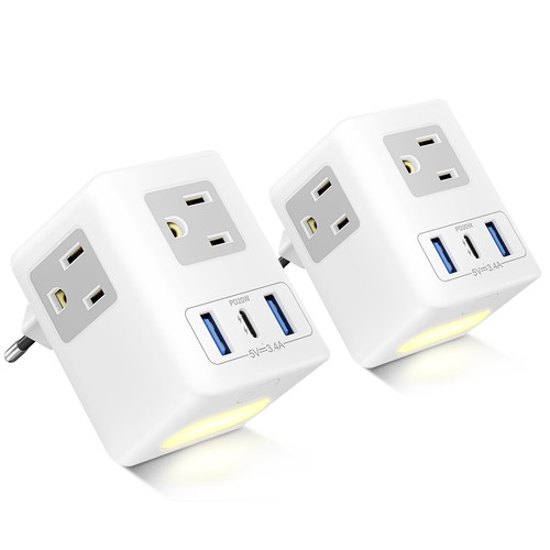 2 Pack 20W USB C European Travel Plug Adapter with Night Light, US to Europe Power Plug Adapter 3 Outlets 3 USB Ports, JXGUCAT EU Type C Adaptor to Italy Spain France Portugal Iceland Germany 2 Pack 20W USB C European Travel Plug Adapter with Night Light, US to Europe Power Plug Adapter 3 Outlets 3 USB Ports, JXGUCAT EU Type C Adaptor to Italy Spain France Portugal Iceland Germany