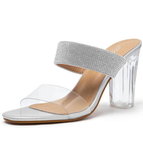 katliu Women's Clear Heels Glitter Transparent Heeled Sandals Chunky Heel Mules Silver