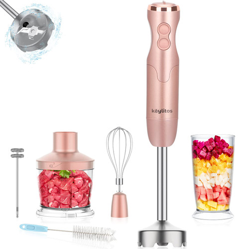 Keylitos 5-in-1 Immersion Hand Blender, Powerful 12-Speed Handheld Stick Blender with 304 Stainless Steel Blades, Chopper, Beaker, Whisk and Milk Frother for Smoothie, Baby Food, Sauces Red,Puree, Soup (Golden Pink)
