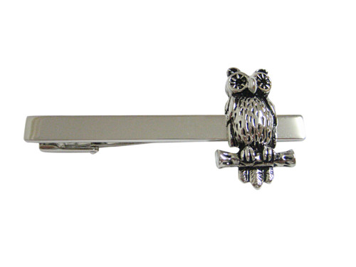 Kiola Designs Silver Toned Owl Bird on Branch Square Tie Clip