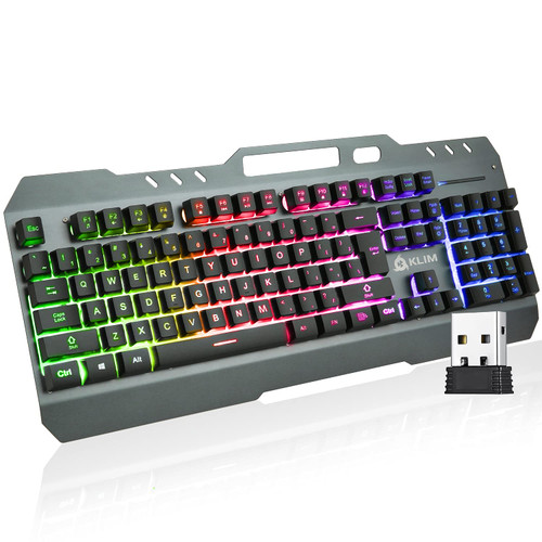 KLIM Lightning Wireless Keyboard US New 2023 + Metal Frame and Durable Keys + Mechanical Feel Keyboard for PC PS4 PS5 + 5-Year Warranty + Wireless Gaming Keyboard with Bright Rainbow Backlighting
