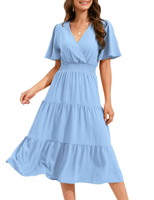 KOJOOIN Women's Casual Wrap V Neck Midi Dress Short Sleeve Smocked Waist Tiered A Line Pleated Flowy Long Dress Light Blue XXL