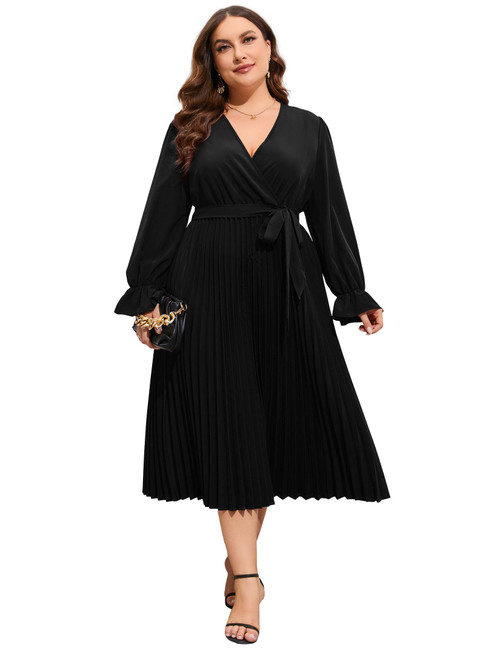KOJOOIN Women Plus Size Wrap V Neck Pleated Hem Dress Ruffle Long Sleeves Elegant A Line Midi Dress with Belt Solid Black XL KOJOOIN Women Plus Size Wrap V Neck Pleated Hem Dress Ruffle Long Sleeves Elegant A Line Midi Dress with Belt Solid Black XL