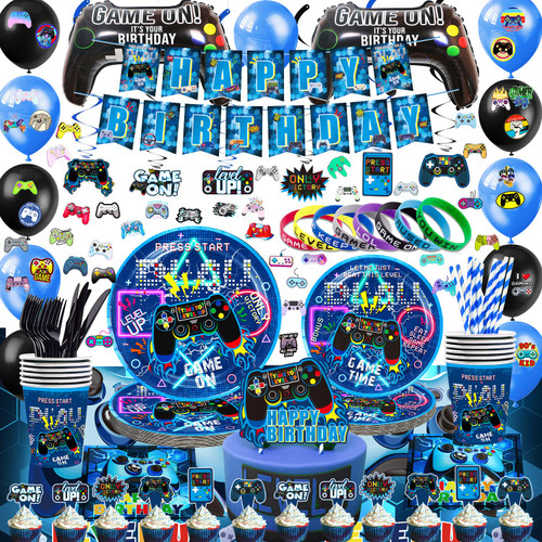 Blue Gamer Birthday Party Decoration - 270Pcs Video Game Gaming Party Supplies For Boys Birthday Party - Table Cover, Plates, Cups, Napkins, Utensils, Hanging Swirls, Birthday Banner, Cupcake Topper, Cake Topper, Stickers, Bracelets & Balloons Serves Blue Gamer Birthday Party Decoration - 270Pcs Video Game Gaming Party Supplies For Boys Birthday Party - Table Cover, Plates, Cups, Napkins, Utensils, Hanging Swirls, Birthday Banner, Cupcake Topper, Cake Topper, Stickers, Bracelets & Balloons Serves