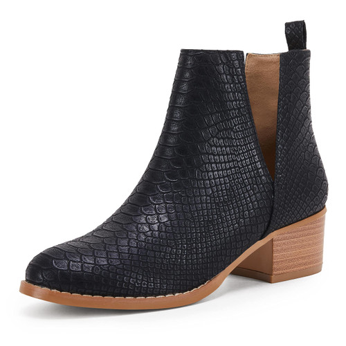 LAICIGO Women's Western Cutout Booties Ankle Boots Chunky Low Heel Almond Toe Stacked Zip Boots