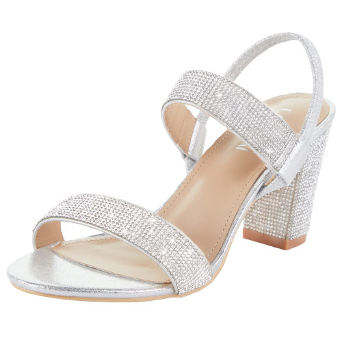 LALA IKAI Women's Rhinestones Strappy Heels Slip On Block Chunky Sandals Round Toe Silver Mules Party Office Shoes