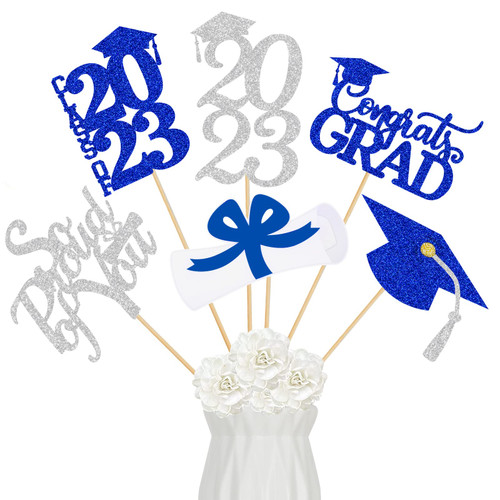 Blue and Silver 2023 Graduation Centerpiece Sticks Graduation Party Centerpieces for Tables 2023, Graduation Table Toppers 2023 Blue and Silver Class of 2023 Graduation Table Centerpieces Decorations - 24Pcs