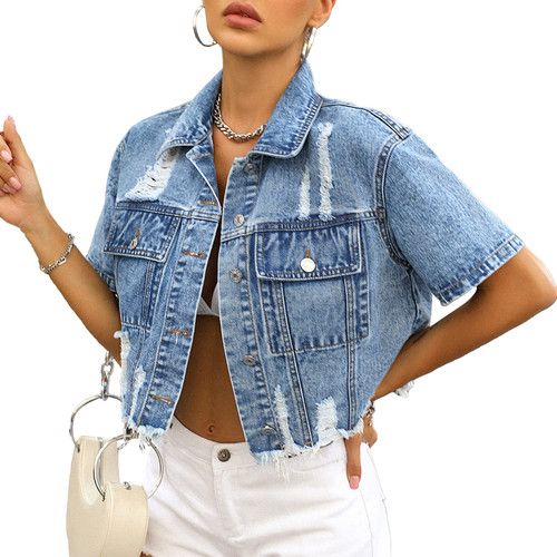 LifeShe Women's Short Sleeve Denim Jacket Light Ripped Distressed Cropped Jean Jackets Coats