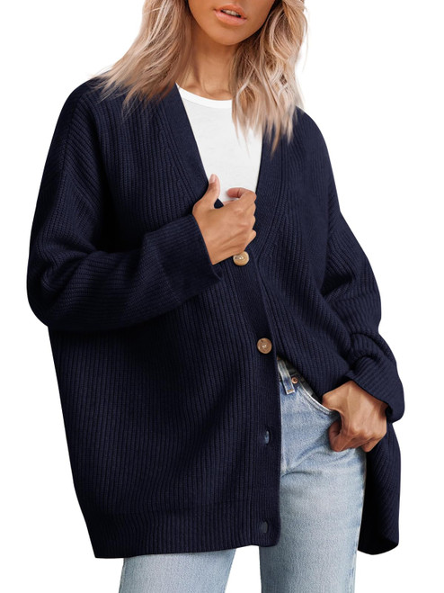 LILLUSORY Women's Cashmere Fall Cardigan 2023 Open Front Oversized Button Lightweight Sweaters V Neck Loose Cardigans Knit Outwear Navy Blue