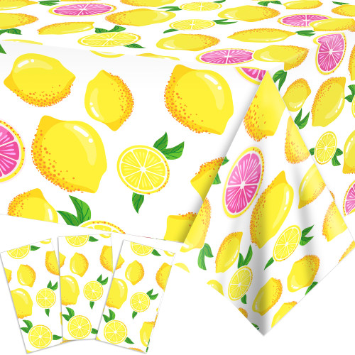 littkeef cliaet 3 Pack Lemon Party Tablecloth Lemon Birthday Party Decorations Disposable Lemon Tablecloth Summer Lemon Plastic Table Cover for Summer Fruit Birthday Party Decorations, 54 x 87 Inch