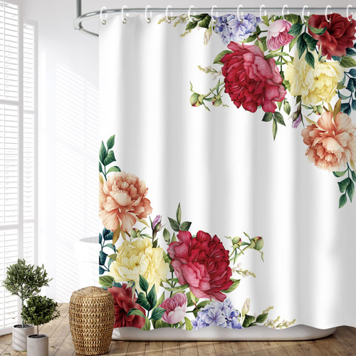 LIVILAN Peony Shower Curtains Set with 12 Hooks, Floral Shower Curtain, Pink Shower Curtain, Beautiful Shower Curtain Decoration Bathroom Accessories, 72" W x 78" H