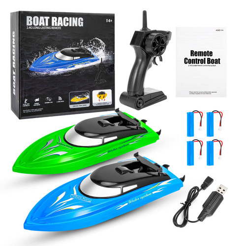 LIZHOUMIL 2-Pack RC Boat - Remote Control Boats for Kids and Adults - 10km/H 2.4G High Speed - Fast RC Boats for Pools and Lakes - Includes 4 Rechargeable Batteries - Blue and Green