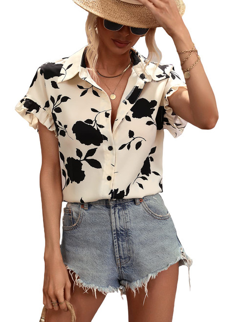 MakeMeChic Women's Letter Graphic Short Sleeve Collar Button Down Shirt Casual Button Up Summer Blouse Apricot L