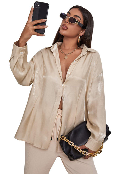 MakeMeChic Women's Oversized Satin Silk Long Sleeve Button Down Shirt Blouse Top B Khaki 1XL
