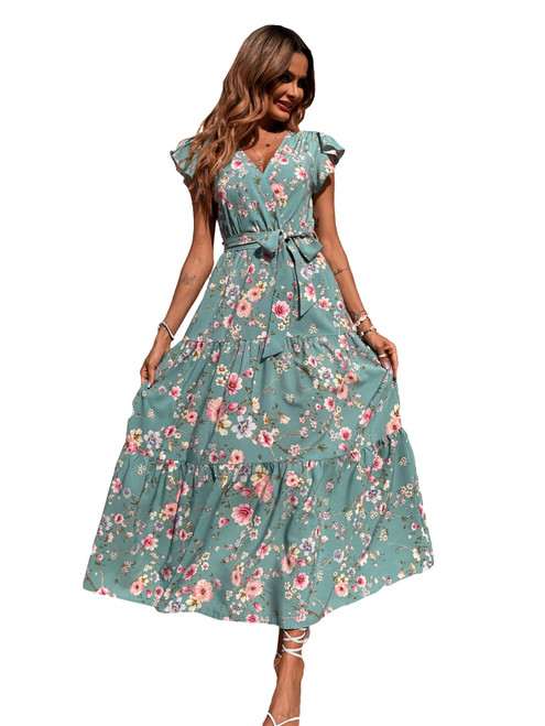 MakeMeChic Women's Boho Floral Print Ruffle Cap Sleeve V Neck High Waist Tiered Belted Long Dress Cadet Blue XL